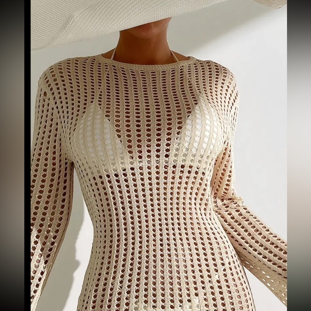 Hollow Out Tassel Trim Dress, Sexy Beach Wear Long Sleeve Cover Up Dress - Picture 3 of 4